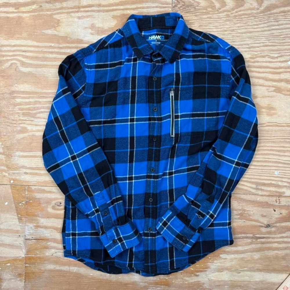 bright blue and black hawk plaid flannel button up